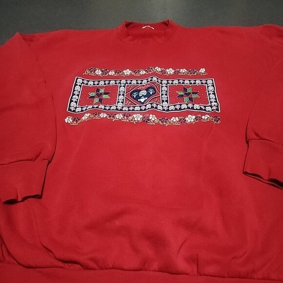 Vintage Red Pullover Sweatshirt With Folk Art-Inspired Graphic & Floral Accents - Picture 1 of 6
